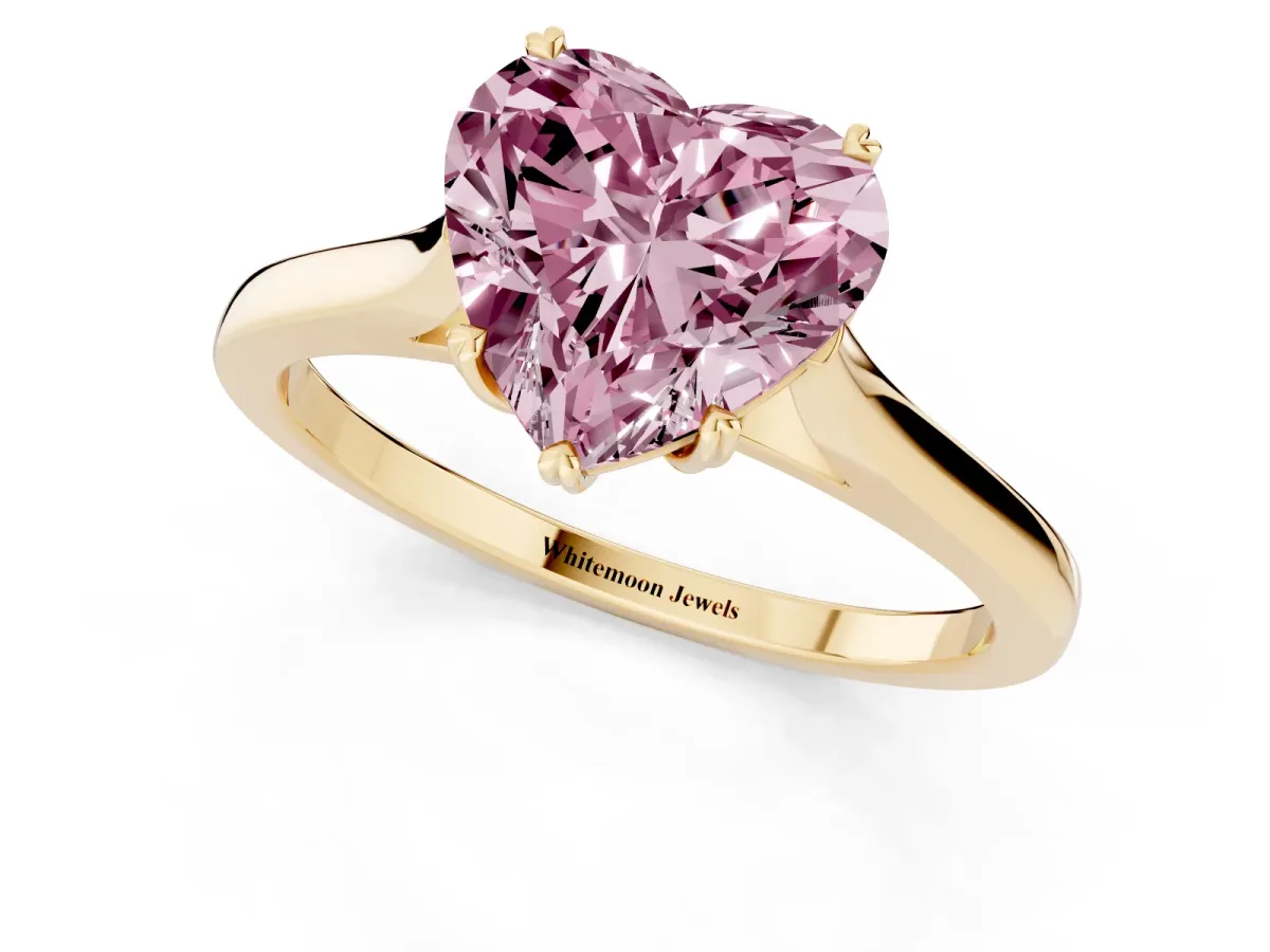 Fancy Pink Heart Cut Solitaire Heart Prong Engagement Ring with Tapered Band Yellow gold
