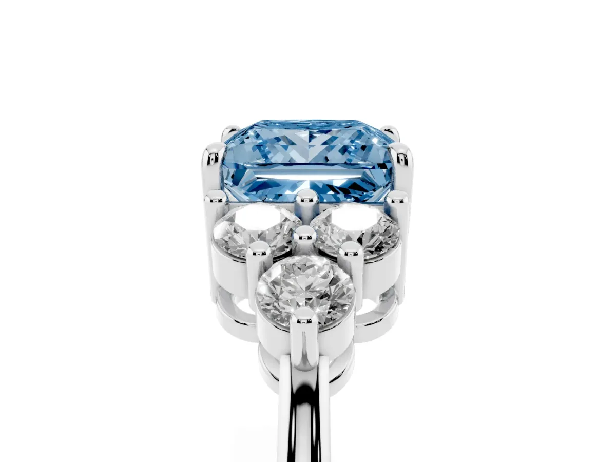 Fancy Blue Princess Cut Brilliant Diamond Cluster Accent Solitaire Ring with Prong Setting Platinum