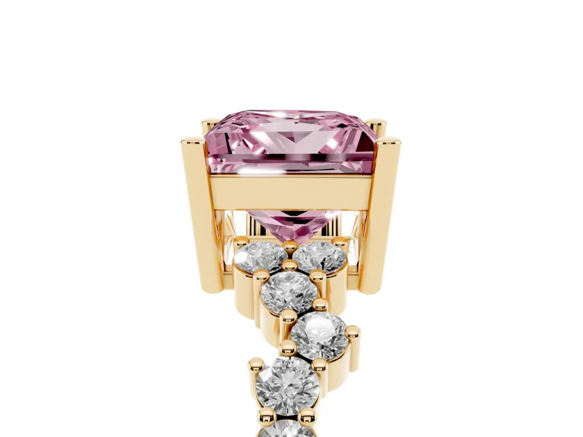 Fancy Pink Princess Cut Diamond Scattered Round Accent Ring with Prong Setting Yellow gold