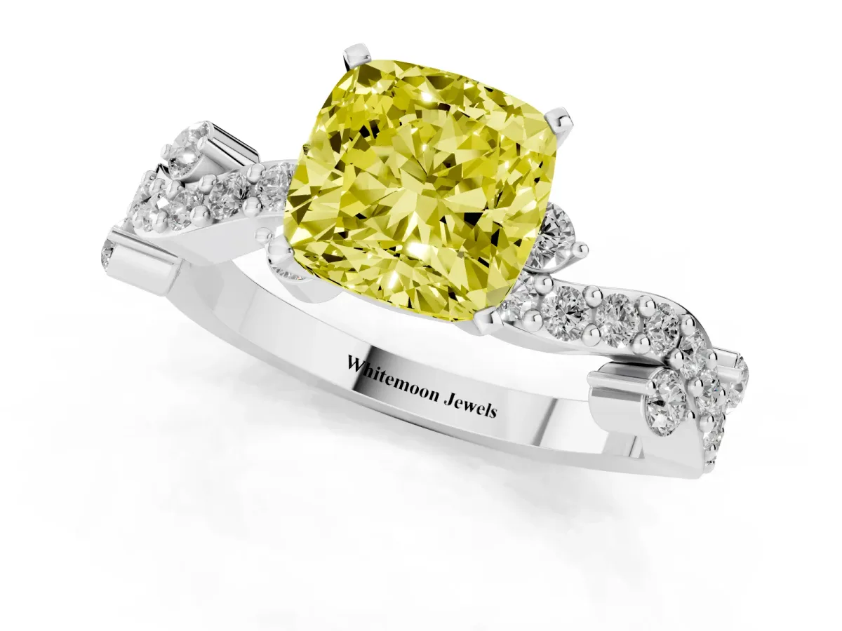 Fancy Yellow Cushion Cut Cut Solitaire Diamond Twisted Band with Pave Setting Silver