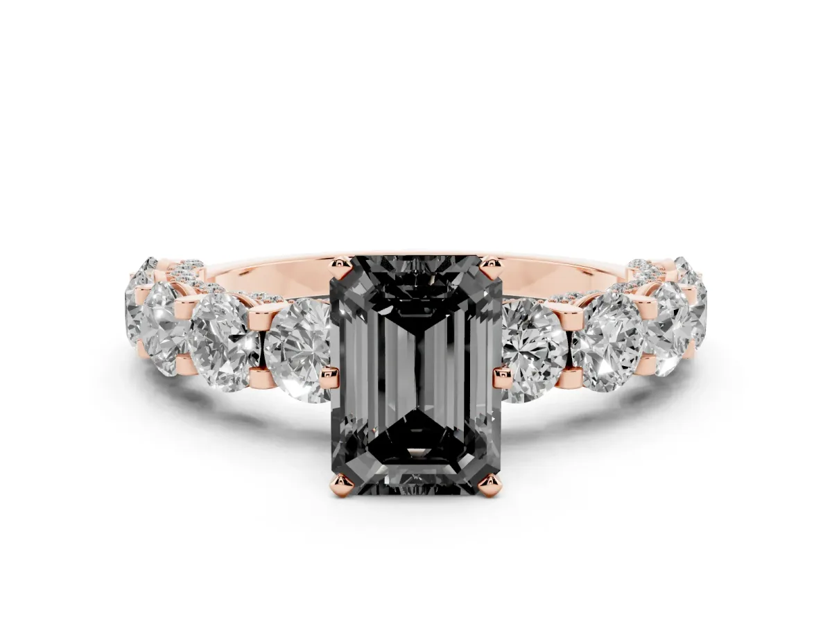 Fancy Black Emerald Cut Diamond Side Stone Engagement Ring with Four-Prong Setting Rose gold