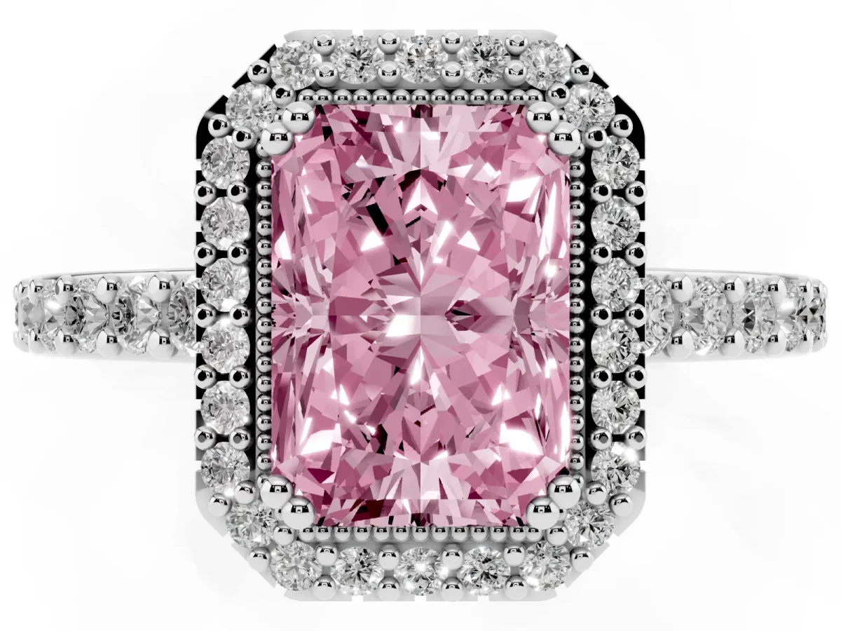 Fancy Pink Radiant Cut Cut Diamond Halo Engagement Ring with Milgrain Detail and Pavé Band Silver