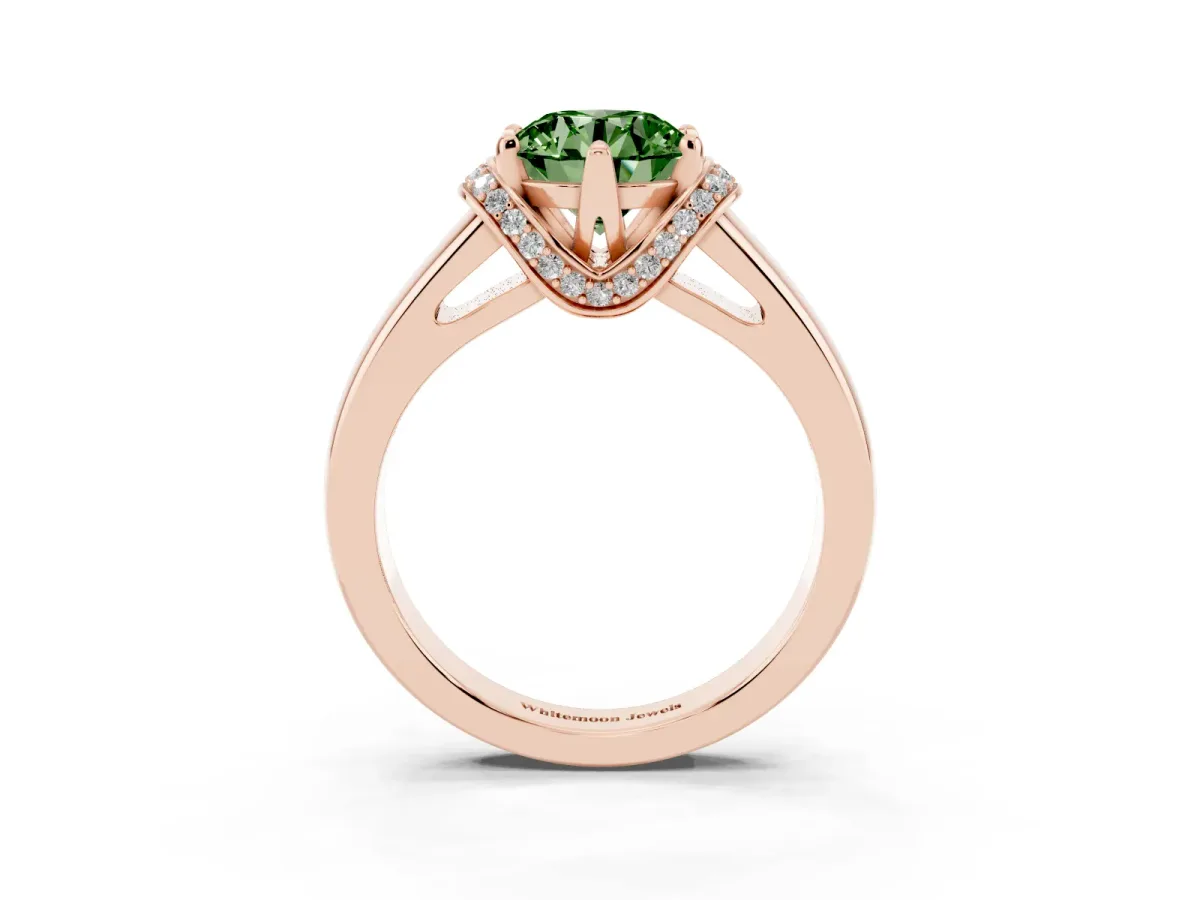 Fancy Green Round Cut Solitaire Diamond Ring with Pave Band and Six-Prong Setting Rose gold