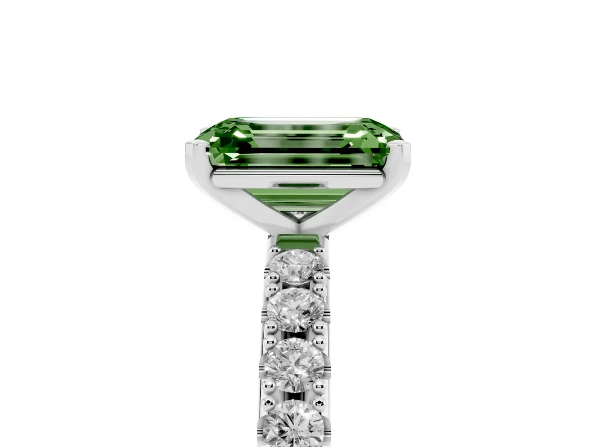 Fancy Green Emerald Cut Diamond Solitaire Pavé Band with Four-Prong Setting Platinum