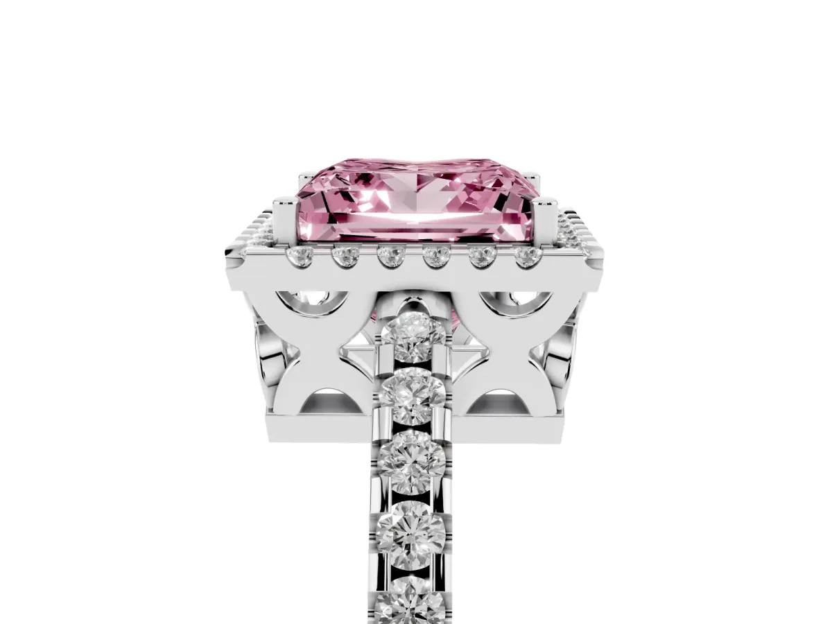 Fancy Pink Princess Cut Diamond Halo Engagement Ring with Pavé Band and Prong Setting Silver