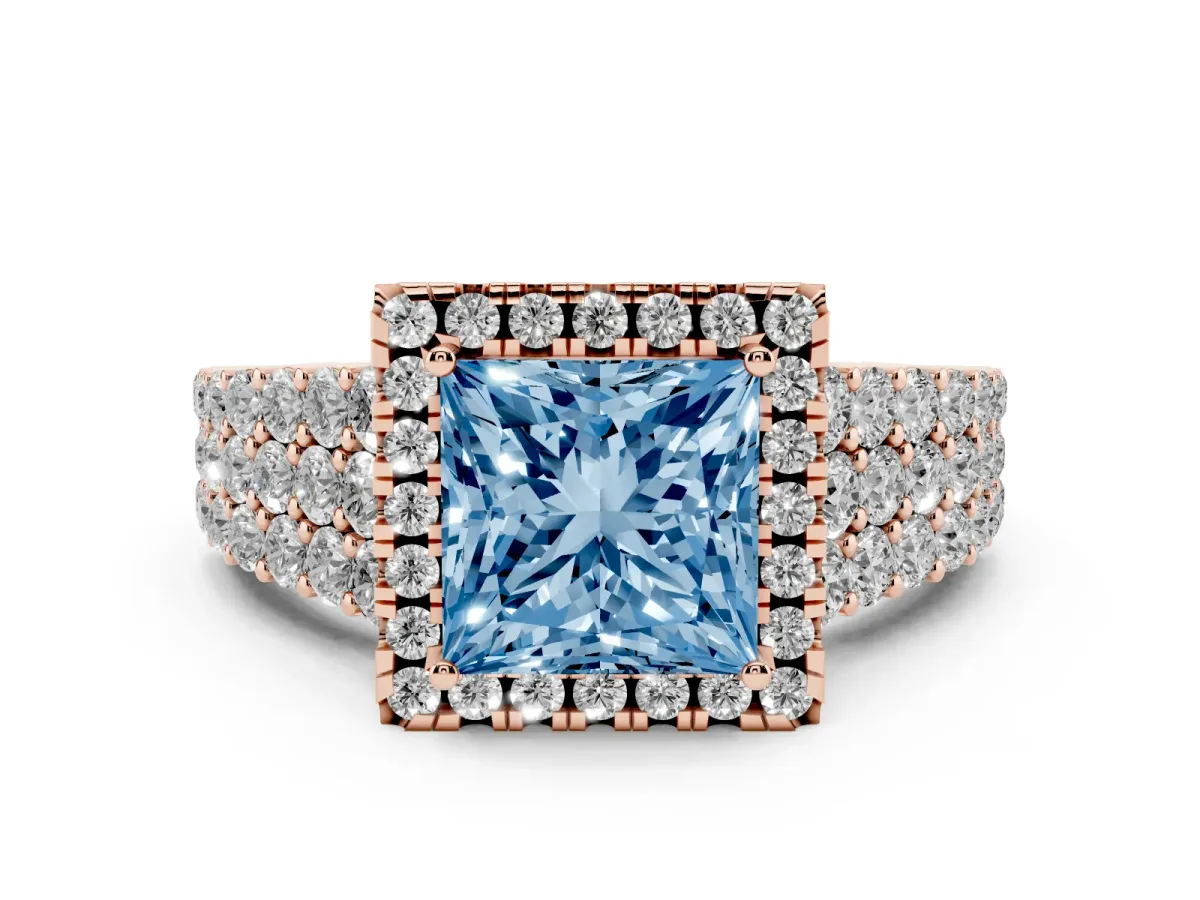 Fancy Blue Princess Cut Diamond Halo Engagement Ring with Triple Row Round Pavé Band and Prong Setting Rose gold
