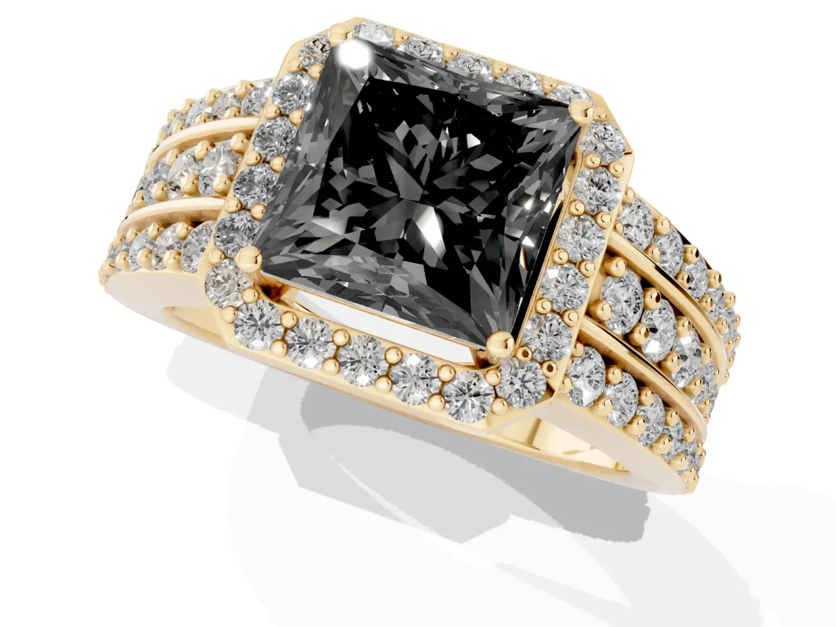 Fancy Black Princess Cut Halo Diamond Ring with Round Split Shank and Prong Setting Yellow gold