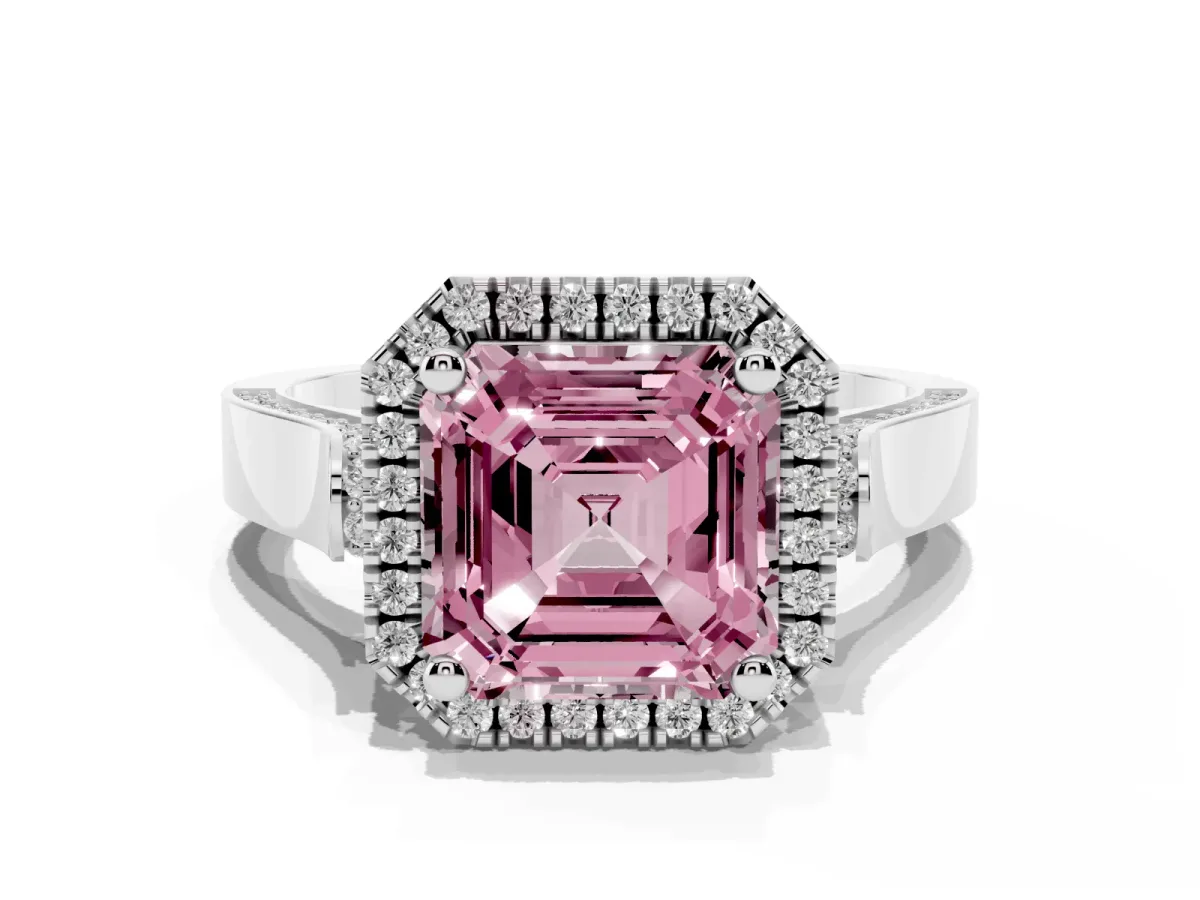 Fancy Pink Asscher Cut Halo Pave Split Shank Prong Setting Ring Silver