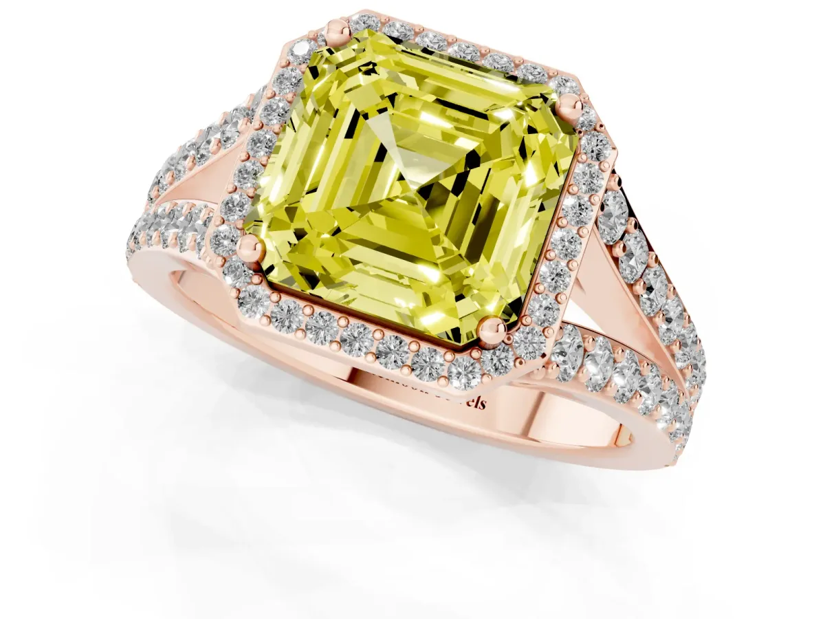 Fancy Yellow Asscher Cut Diamond Split Shank Halo Ring with Four-Prong Setting Rose gold