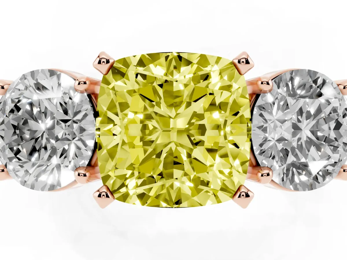 Fancy Yellow Three-Stone Cushion Cut Diamond Ring with Round Side Stones, Classic Band, and Four-Prong Setting Rose gold