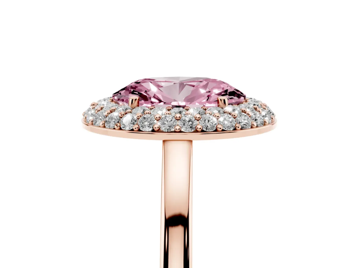 Fancy Pink Oval Cut Halo Diamond Engagement Ring with Solitaire Band and Four-Prong Setting Rose gold