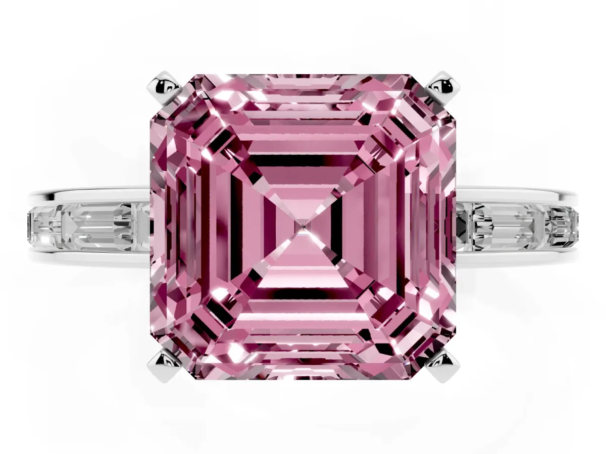 Fancy Pink Asscher Cut Solitaire Diamond Ring with Channel-Set Baguette Band and Four-Prong Setting White gold
