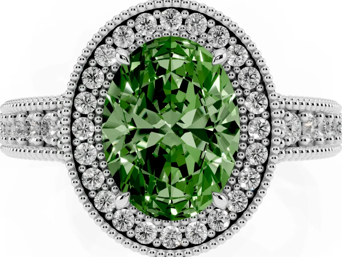 Fancy Green Oval Cut Cut Halo Diamond Ring with Pavé Band and Four-Prong Setting Silver