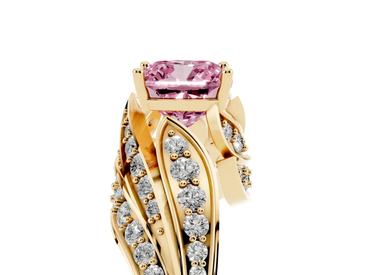 Fancy Pink Cushion Cut Diamond Solitaire Ring with Prong Setting and Twisted Pavé Band Yellow gold