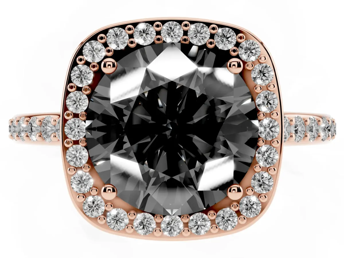 Fancy Black Round Cut Diamond Halo Engagement Ring with Round Pavé Shoulders and Prong Setting Rose gold