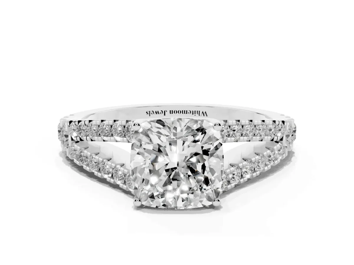 Cushion Cut Diamond Split Shank Pavé Engagement Ring with Four-Prong Setting Platinum
