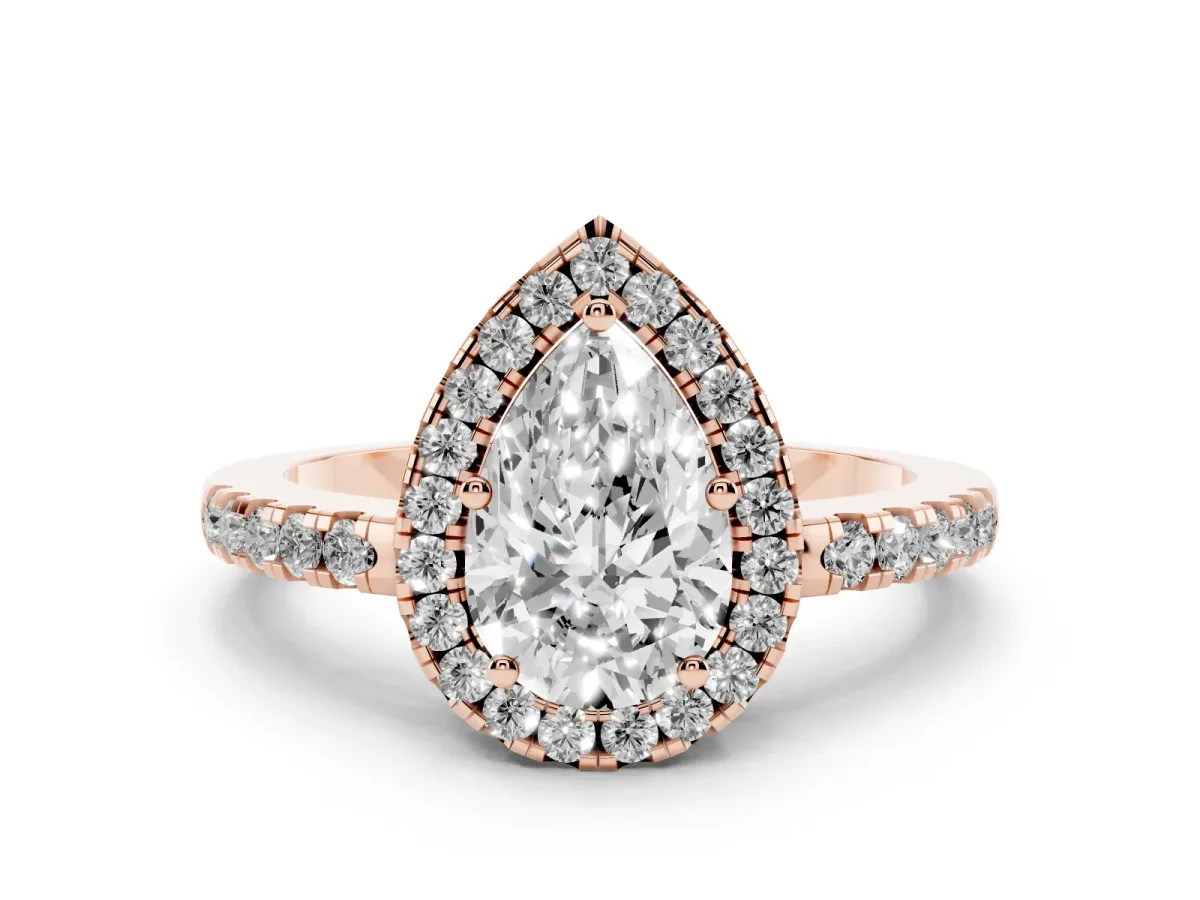 Pear Cut Halo Diamond Engagement Ring with Pavé Band and Four-Prong Setting Rose gold