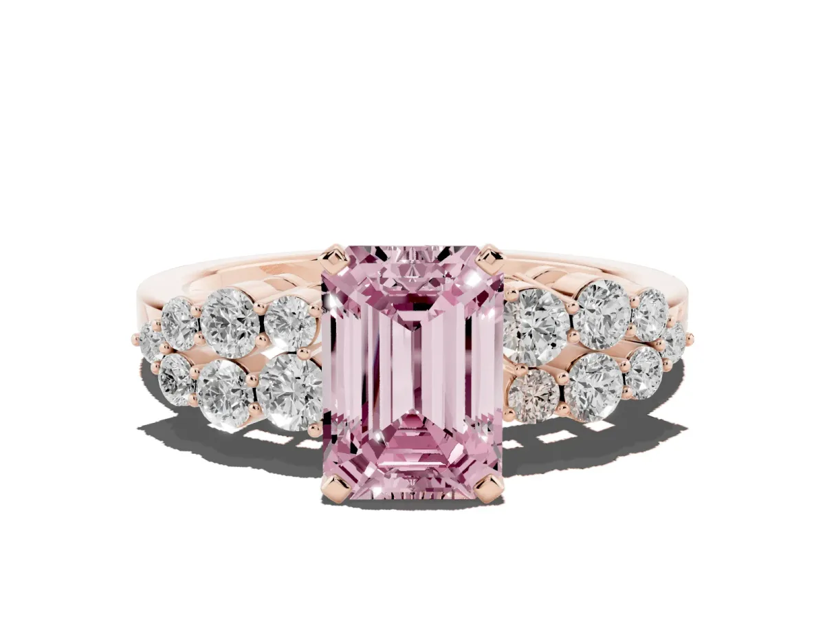 Fancy Pink Emerald Cut Cluster Diamond Engagement Ring with Pavé Band and Four-Prong Setting Rose gold