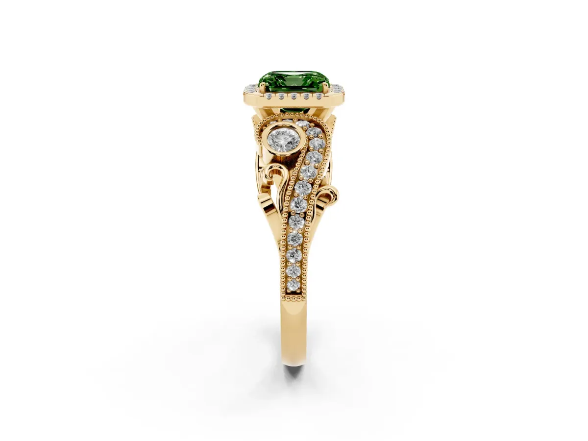 Fancy Green Asscher Cut Halo Diamond Ring with Milgrain and Bezel Accents on a Split Shank Band Yellow gold
