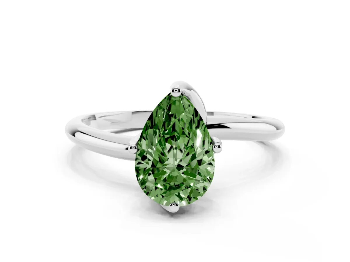 Fancy Green Pear Cut Diamond Solitaire Engagement Ring with Four-Prong Setting and Classic Band White gold