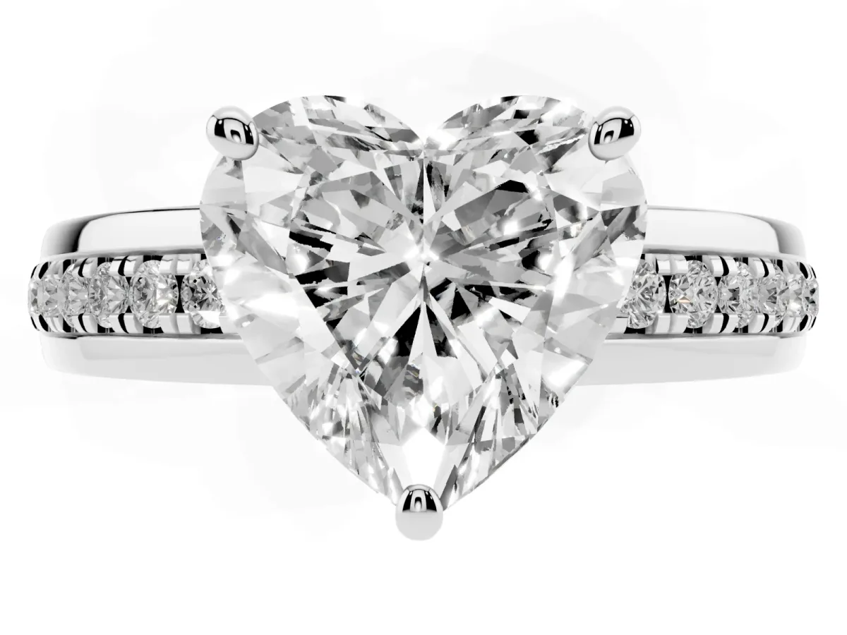 Heart Cut Solitaire Diamond Ring with Channel Set Band and Six-Prong Setting Silver