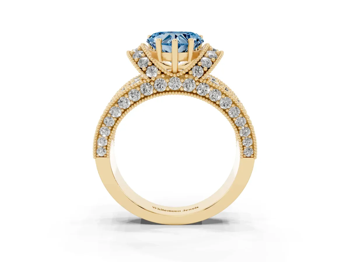 Fancy Blue Heart Cut Halo Pave Diamond Engagement Ring with Milgrain Detailing Yellow gold