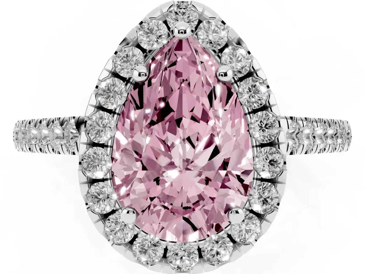 Fancy Pink Pear Cut Halo Pavé Diamond Engagement Ring with Four-Prong Setting Platinum