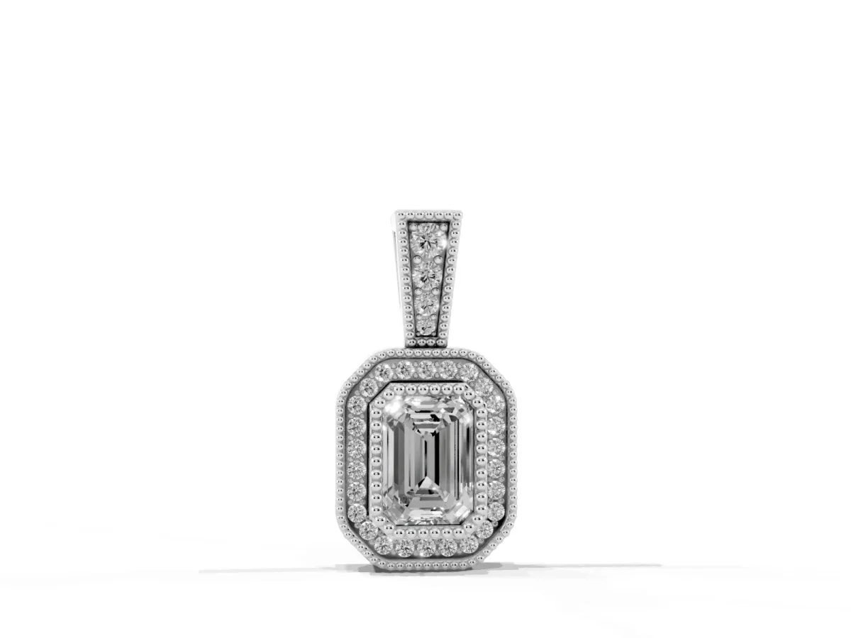 Emerald Cut Halo Diamond Pendant with Pavé Setting White gold