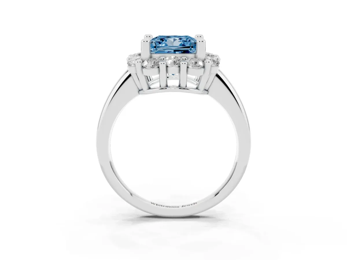 Fancy Blue Princess Cut Halo Cluster Diamond Engagement Ring with Prong Setting and Polished Band Platinum