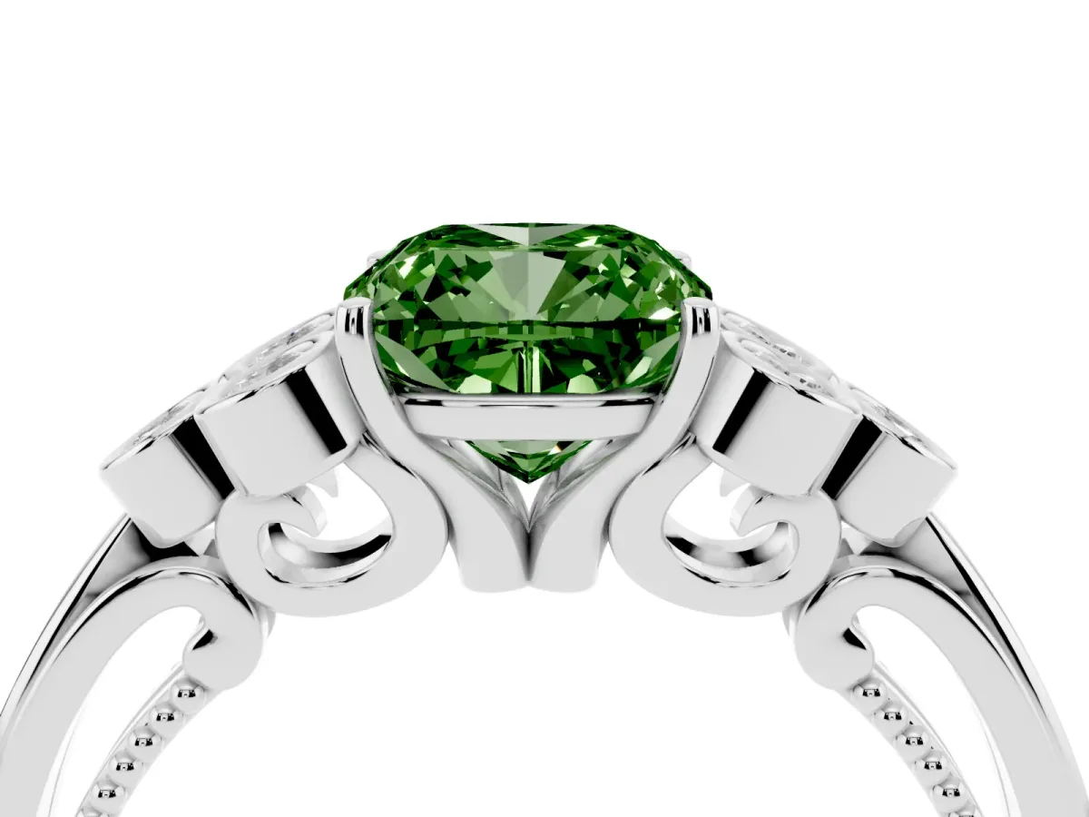 Fancy Green Cushion Cut Cut Diamond Engagement Ring with Bezel Set Round Side Stones and Prong Setting White gold
