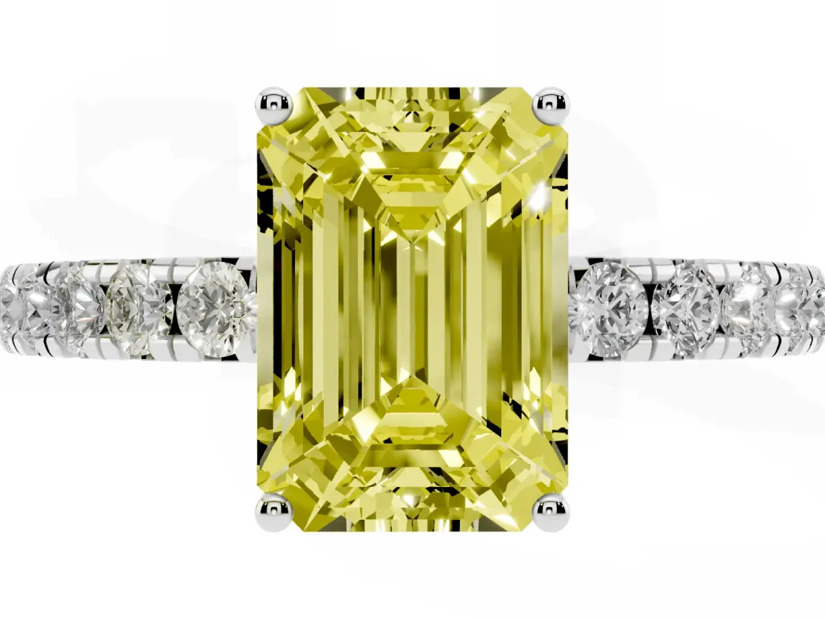 Fancy Yellow Emerald Cut Diamond Pavé Solitaire Engagement Ring with Four-Prong Setting Silver