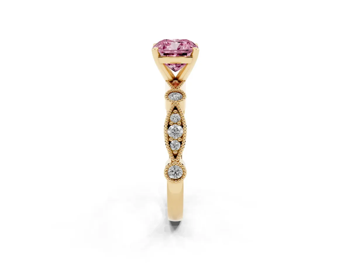 Fancy Pink Cushion Cut Milgrain Bezel Diamond Engagement Ring with Solitaire Prong Setting Yellow gold
