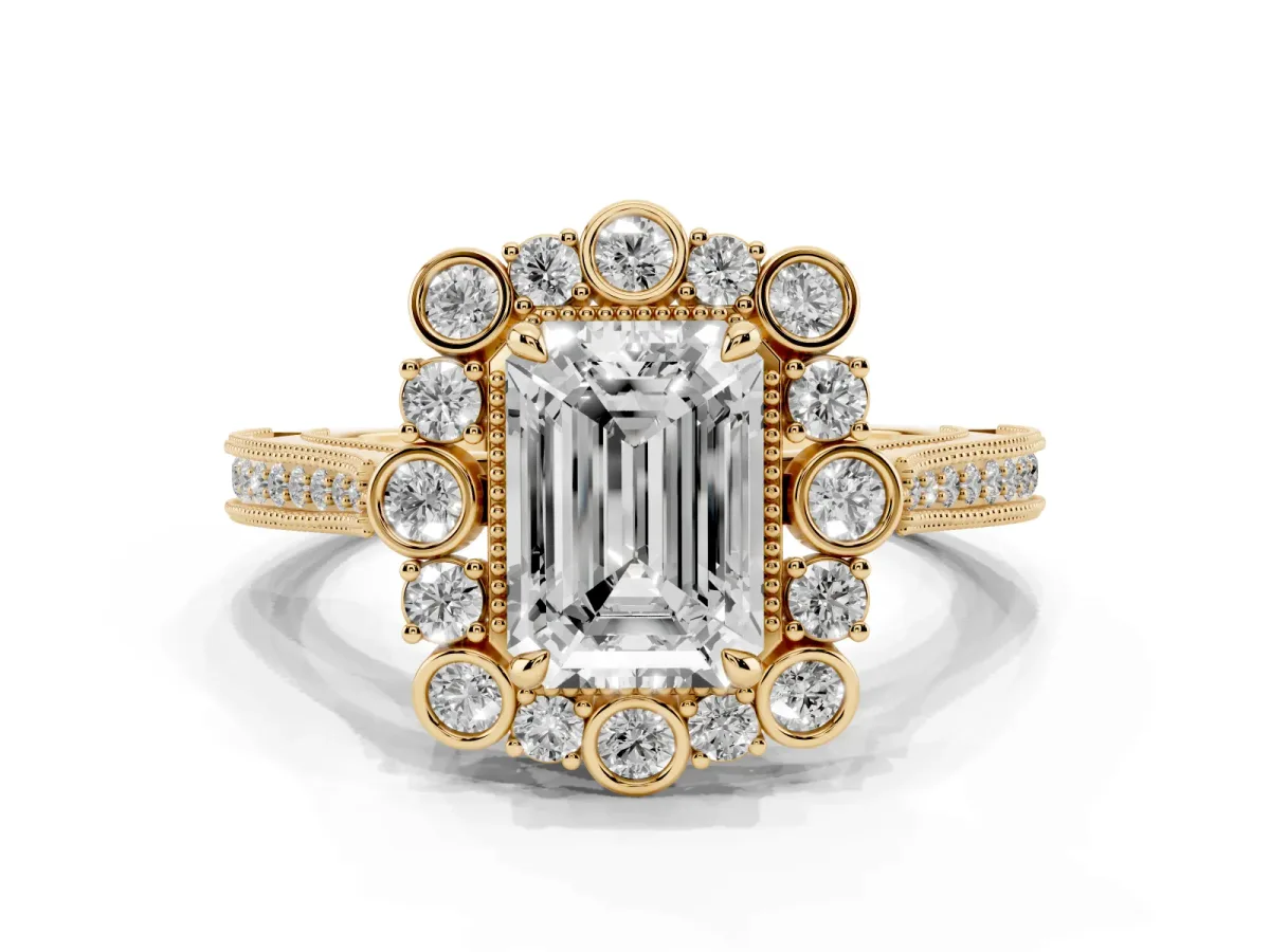 Emerald Cut Halo Milgrain Pave Diamond Ring with Four-Prong Setting Yellow gold