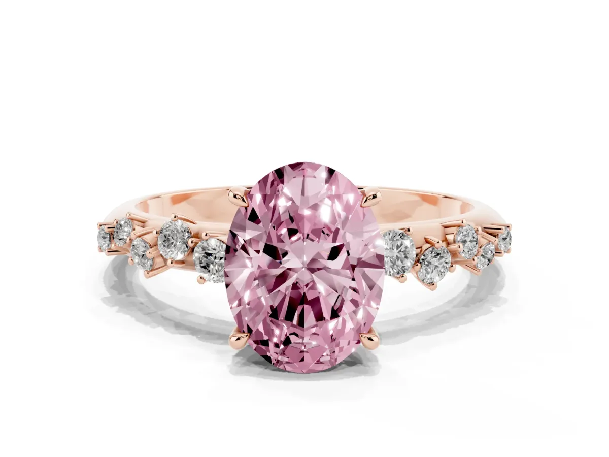 Fancy Pink Oval Cut Diamond Cluster Side Stone Solitaire Ring with Prong Setting Rose gold