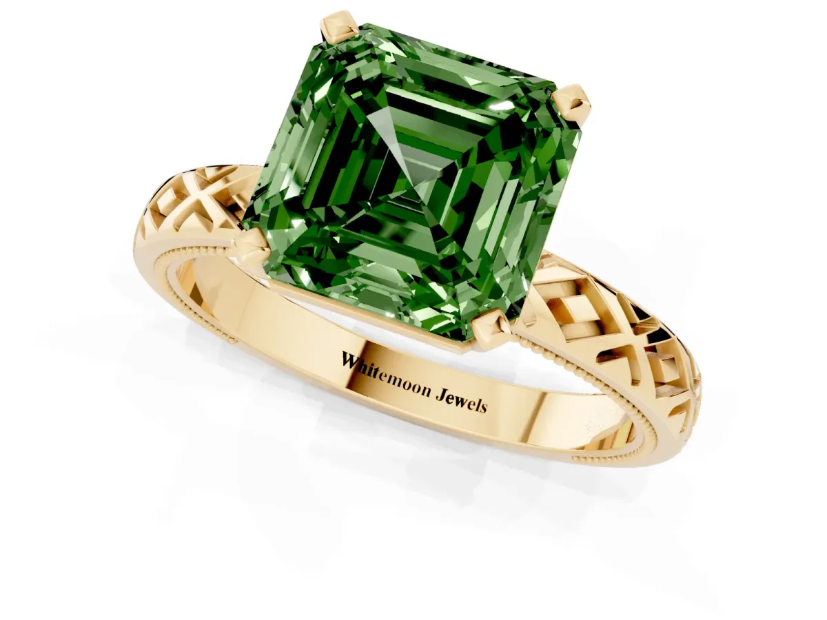 Fancy Green Asscher Cut Solitaire Diamond Ring with Milgrain and Black Enamel X Pattern Band Yellow gold