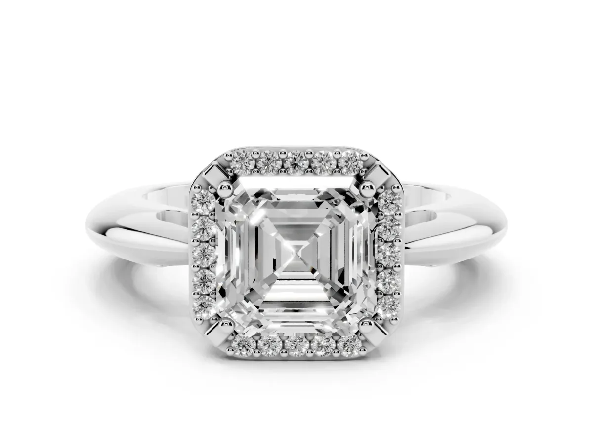 Asscher Cut Cut Diamond Halo Engagement Ring with Split Shank and Four-Prong Setting Silver