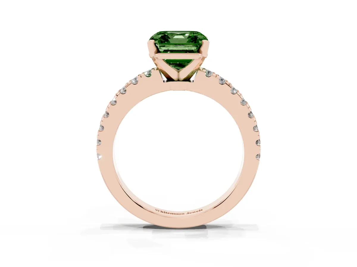 Fancy Green Asscher Cut Solitaire Diamond with Pavé Band and Four-Prong Setting Rose gold