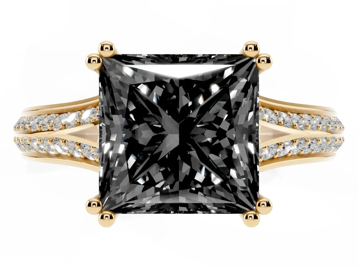 Fancy Black Princess Cut Diamond Split Shank Engagement Ring with Pavé Band Yellow gold