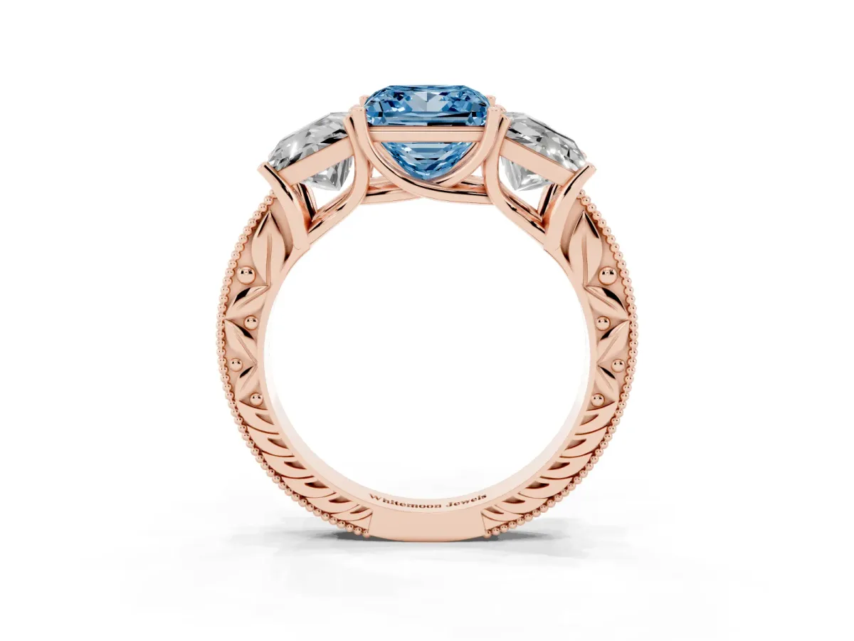 Fancy Blue Three-Stone Princess Cut Cut Milgrain Pavé Engagement Ring Rose gold