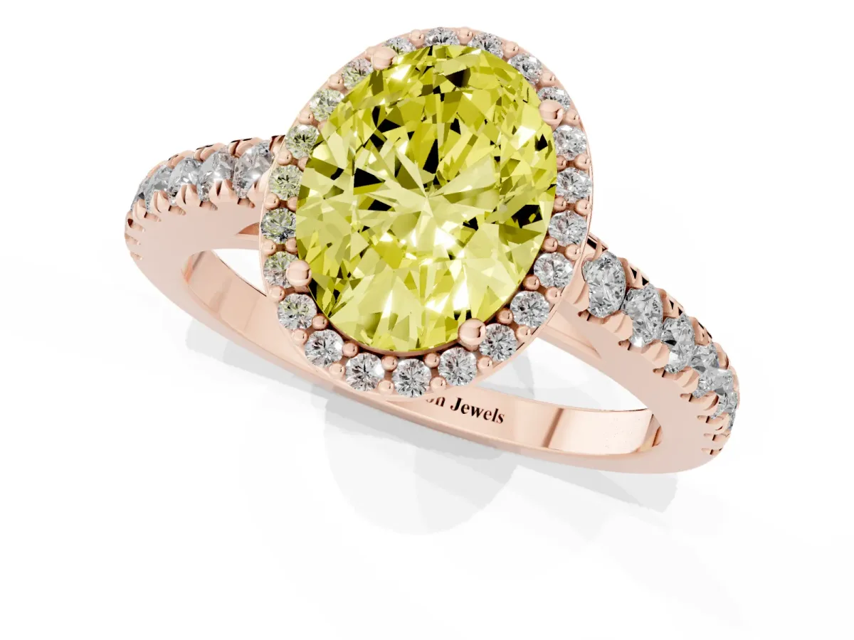 Fancy Yellow Oval Cut Cut Halo Diamond Engagement Ring with Pave Band and Four-Prong Setting Rose gold