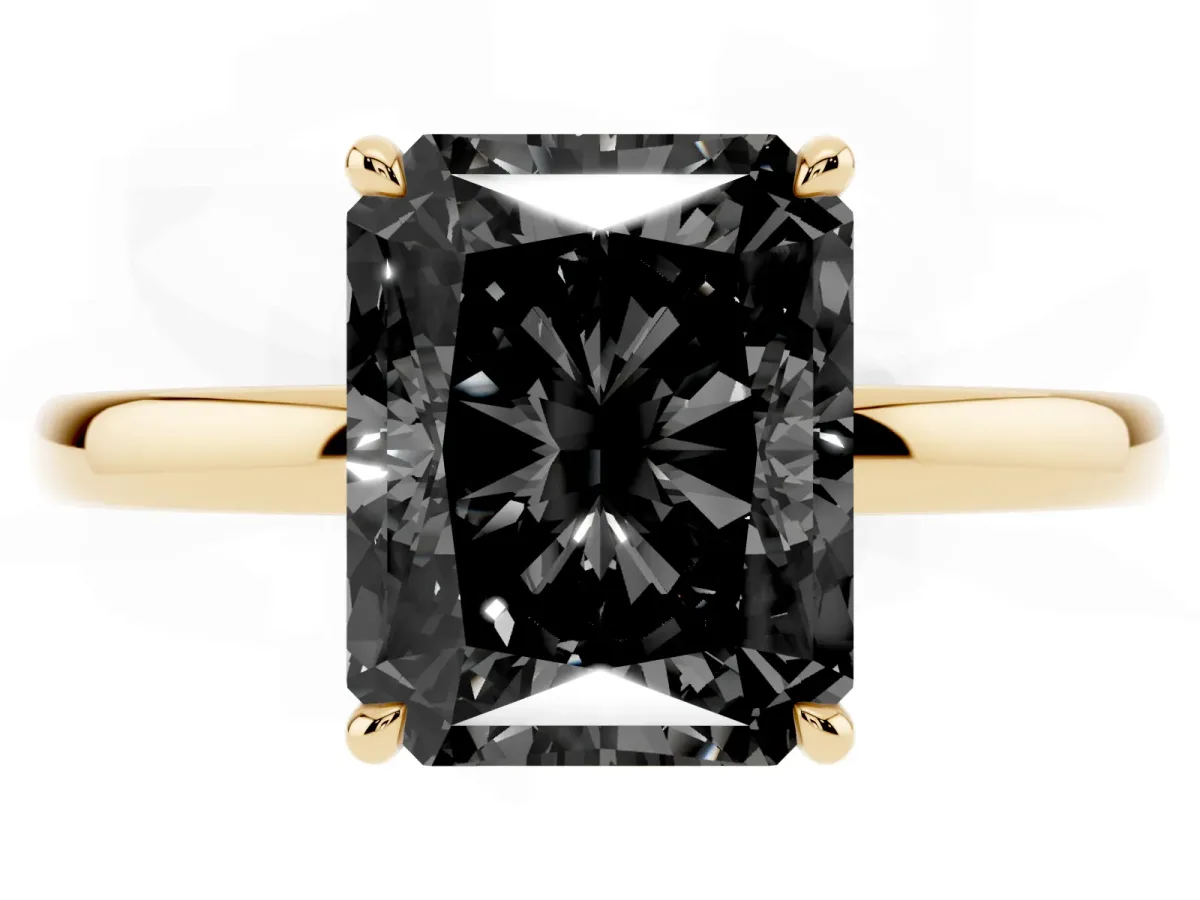 Fancy Black Radiant Cut Solitaire Engagement Ring with Cathedral Band and Four-Prong Setting Yellow gold