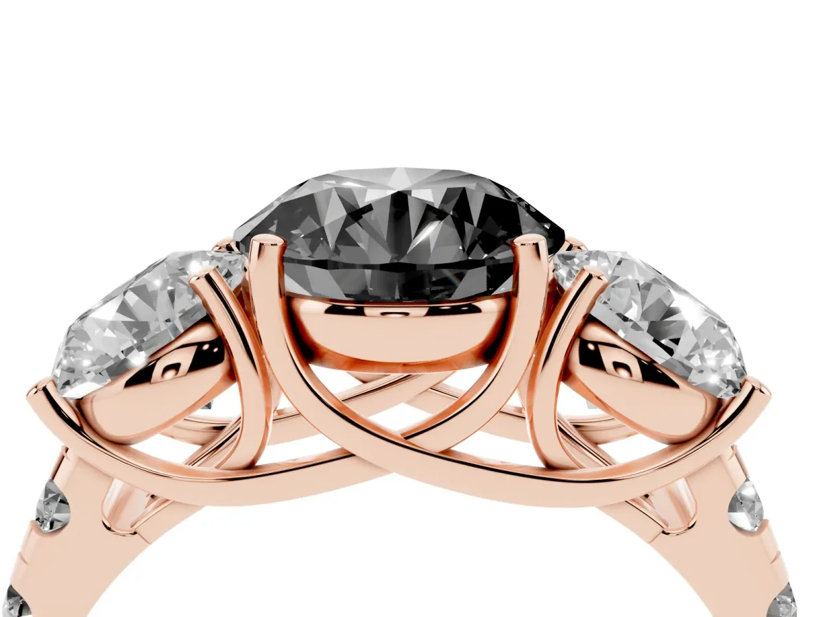 Fancy Black Three-Stone Round Cut Diamond Pavé Band with Prong Setting Rose gold