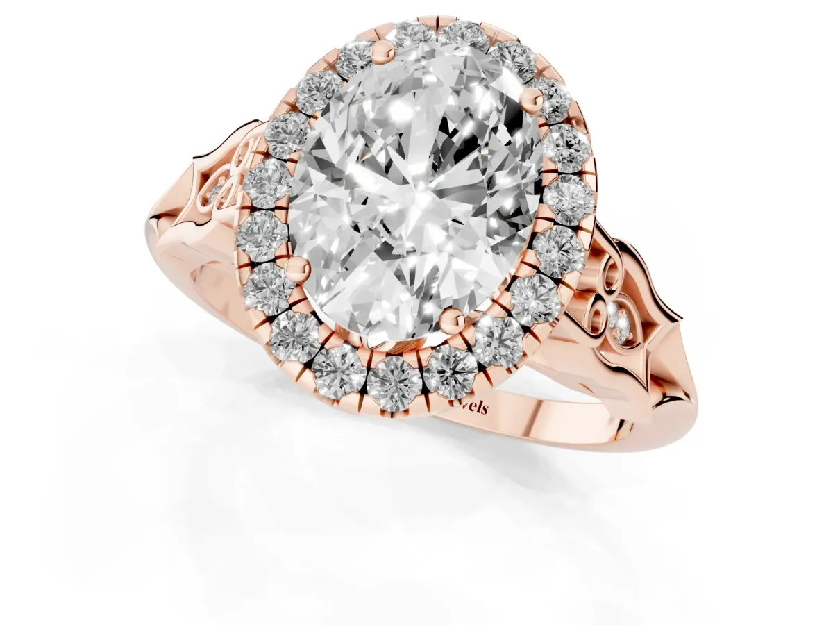 Oval Cut Halo Diamond Engagement Ring with Filigree Band and Four-Prong Setting Rose gold