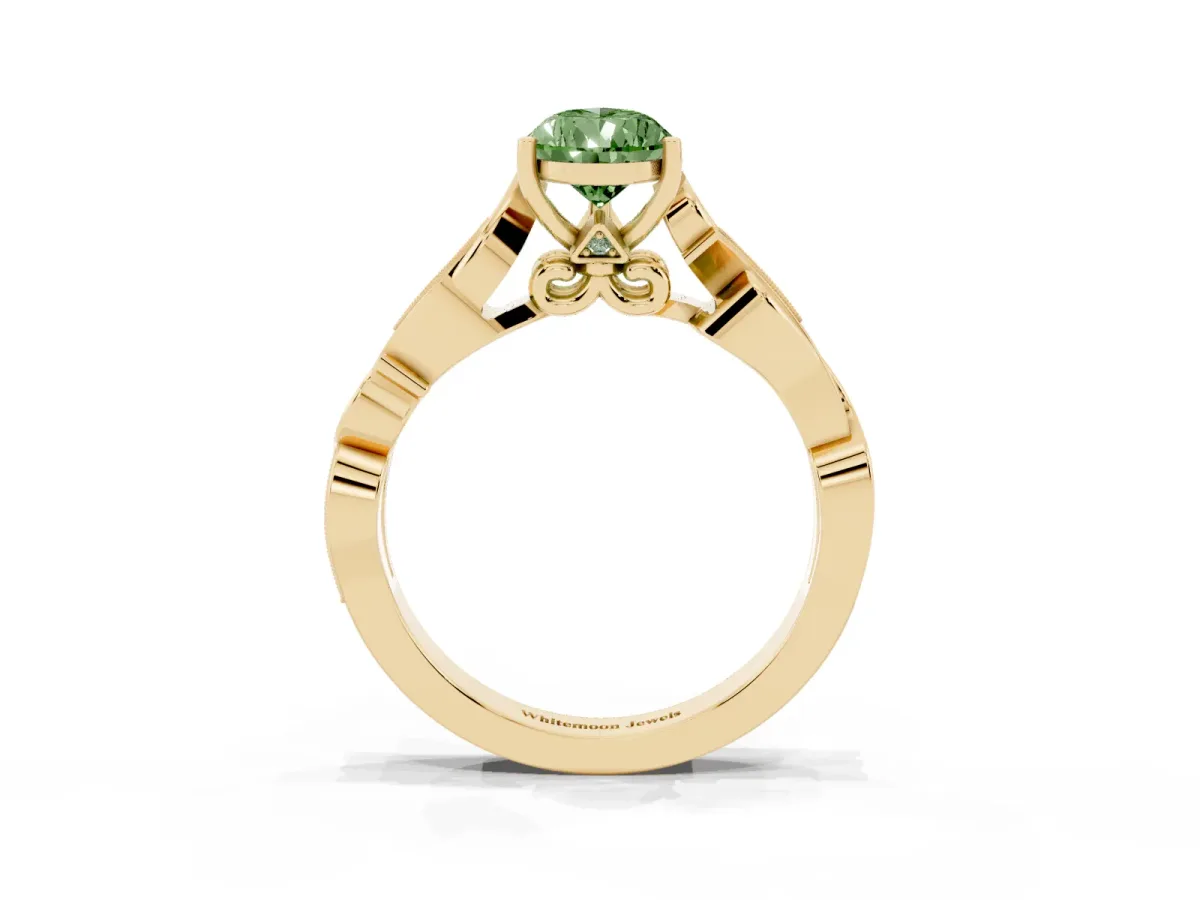 Fancy Green Pear Cut Solitaire Vine Band with Milgrain Prong Setting Yellow gold