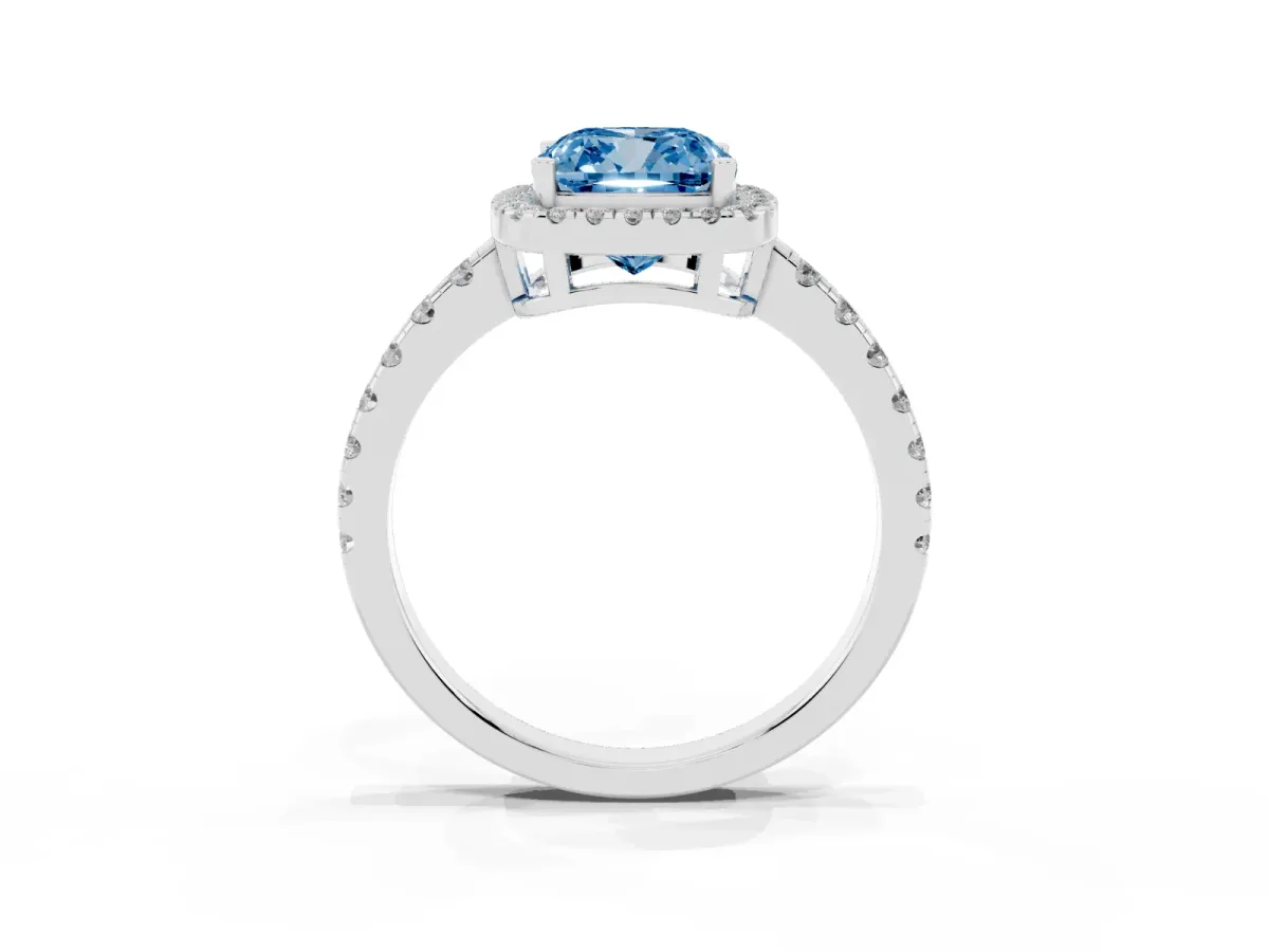 Fancy Blue Cushion Cut Diamond Halo Ring with Pavé Band and Four-Prong Setting White gold