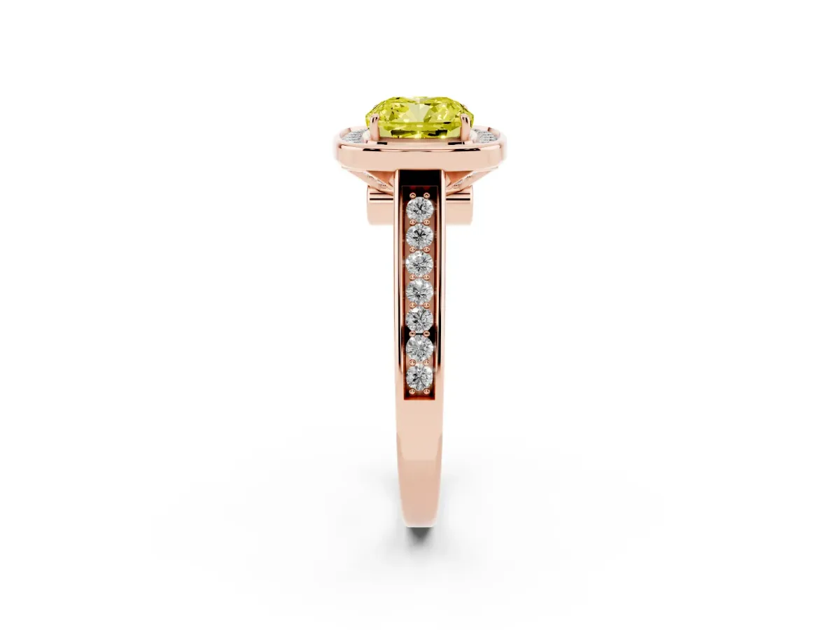 Fancy Yellow Cushion Cut Halo Solitaire Diamond Ring with Pave Band and Bezel Setting Rose gold