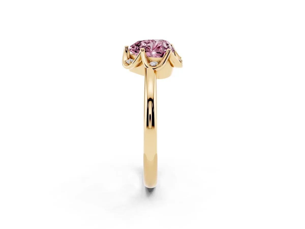 Fancy Pink Heart Cut Halo Diamond Ring with Round Cluster Setting, Solitaire Band, and Four-Prong Setting Yellow gold