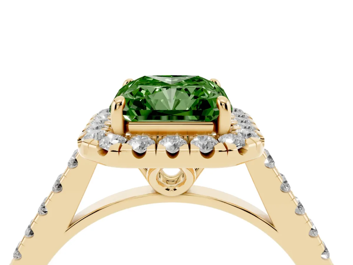 Fancy Green Radiant Cut Halo Pavé Diamond Engagement Ring with Four-Prong Setting Yellow gold