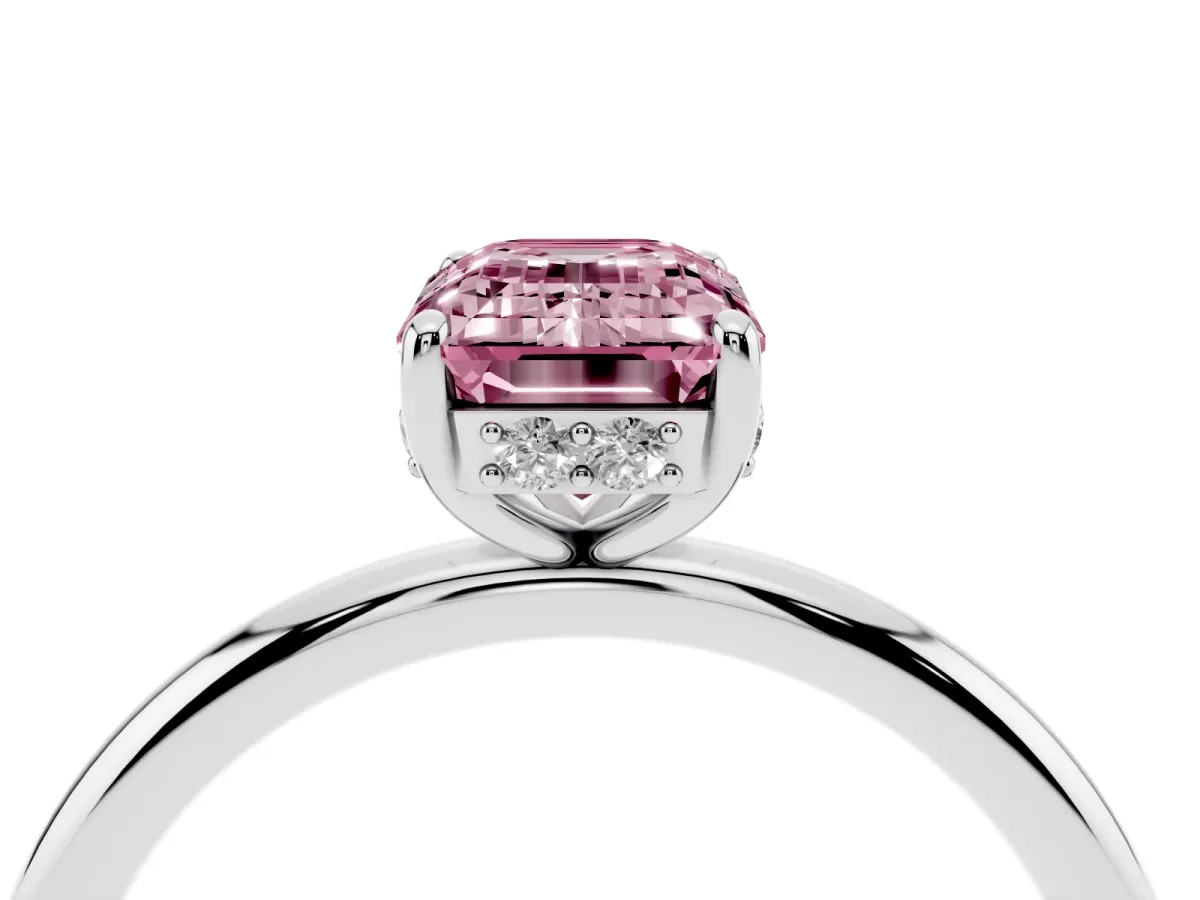 Fancy Pink Emerald Cut Solitaire Diamond Ring with a Classic Band and Four-Prong Setting Silver