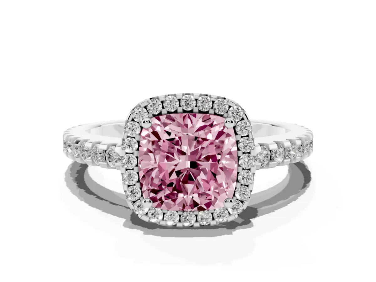 Fancy Pink Cushion Cut Diamond Halo Engagement Ring with Pavé Band and Prong Setting Silver